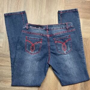 Women’s Straight Leg Blue Denim Jeans with Red Stitching